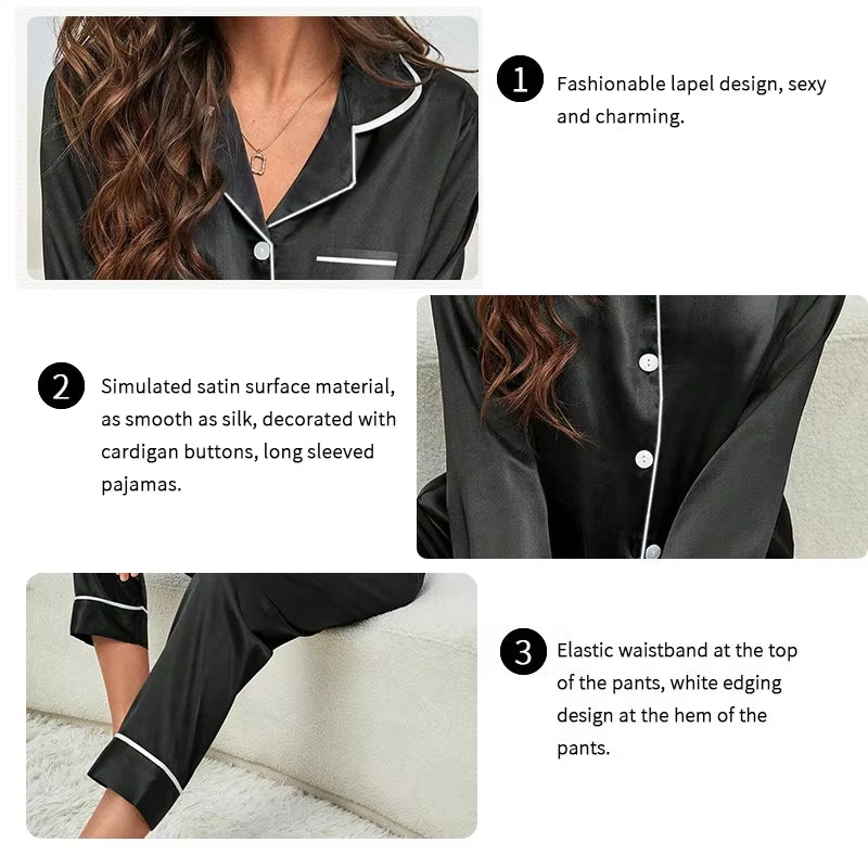 Plus Size Autumn and Winter Silk Pajamas Women Tops and Pants Solid Casual Soft Nightwear Buttons Cardigan Sleepwear Homewear