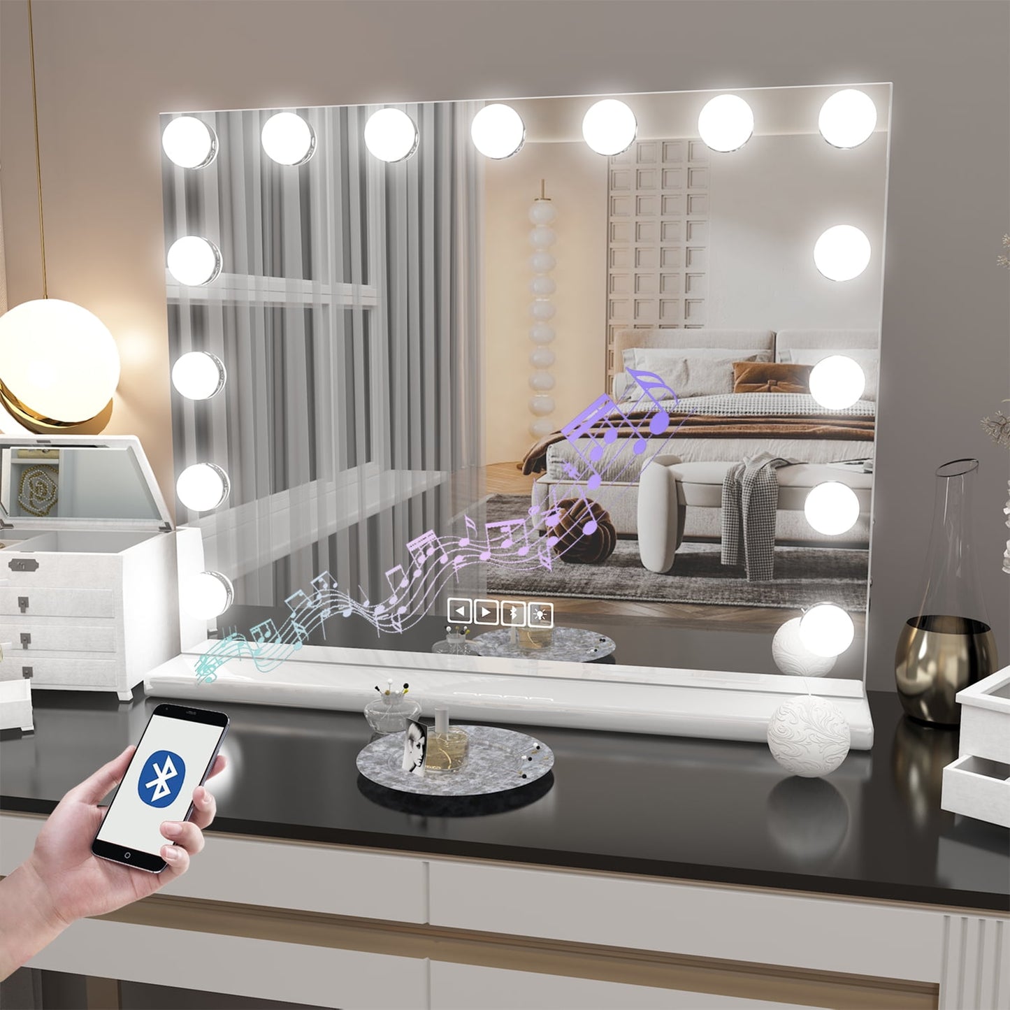 Hollywood Vanity Mirror with Lights, Vanity Makeup Mirror with 15 LED Bulbs, 3 Color Lighting Modes, USB Port, Smart Touch Control
