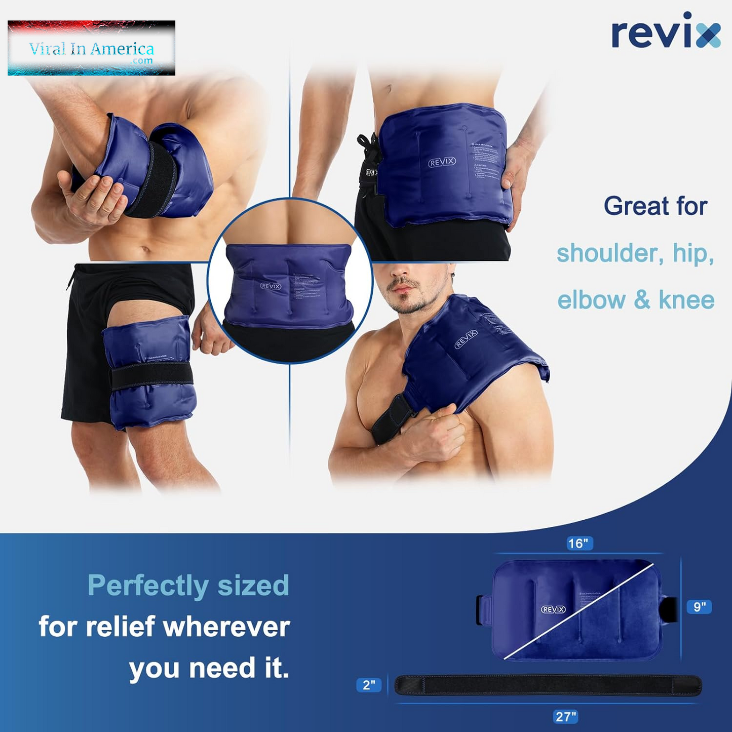 REVIX Ice Pack for Injuries Reusable Gel for Lower Back, Cold Packs for Back Shoulder, Elbow, Hip, Leg, Wrap around Entire Knee, Soft Cold Compress,16 × 9" Navy